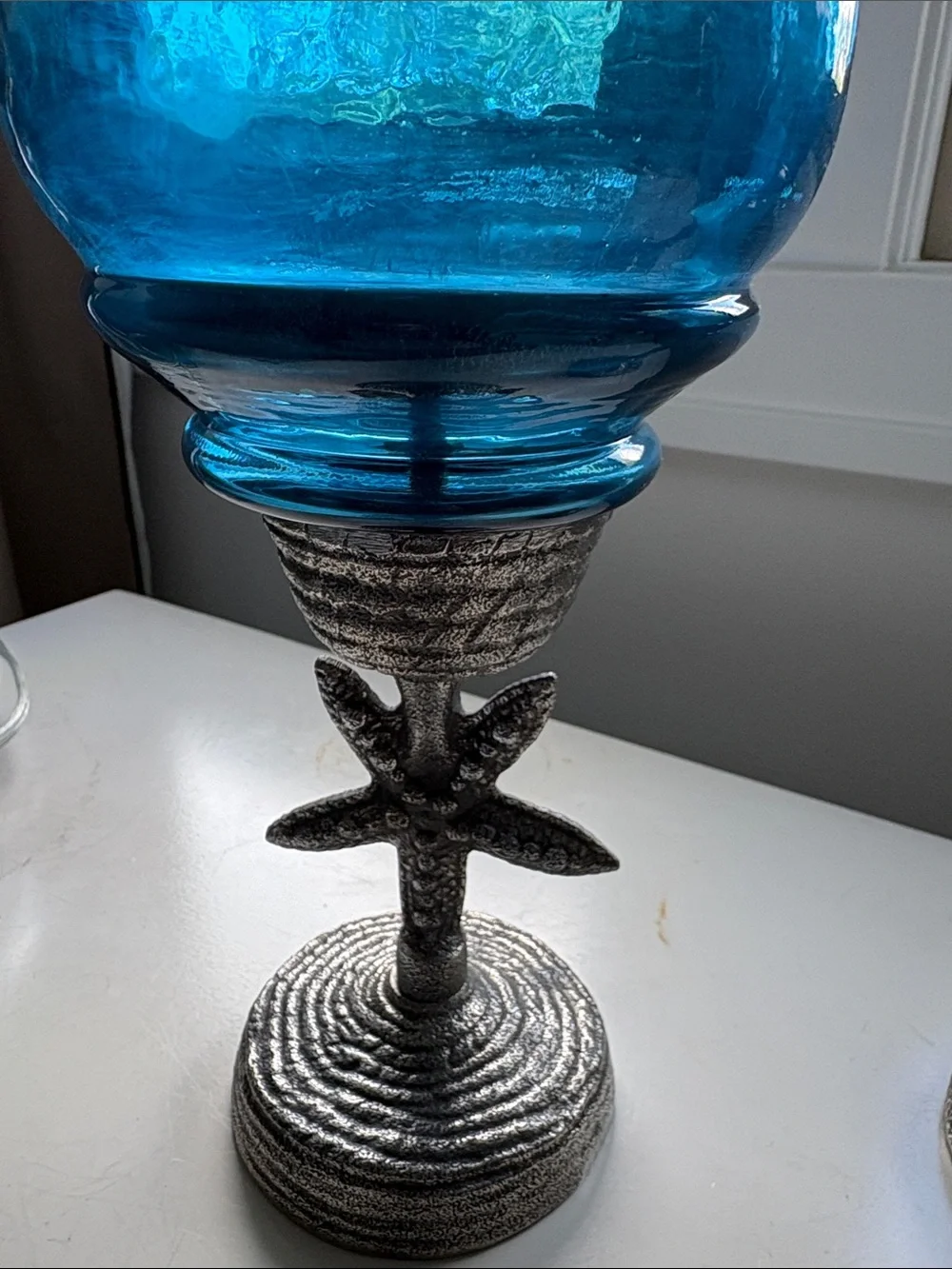 Pier 1 Pair of Ocean Blue Glass Hurricane Starfish Cast Metal Candle Holders